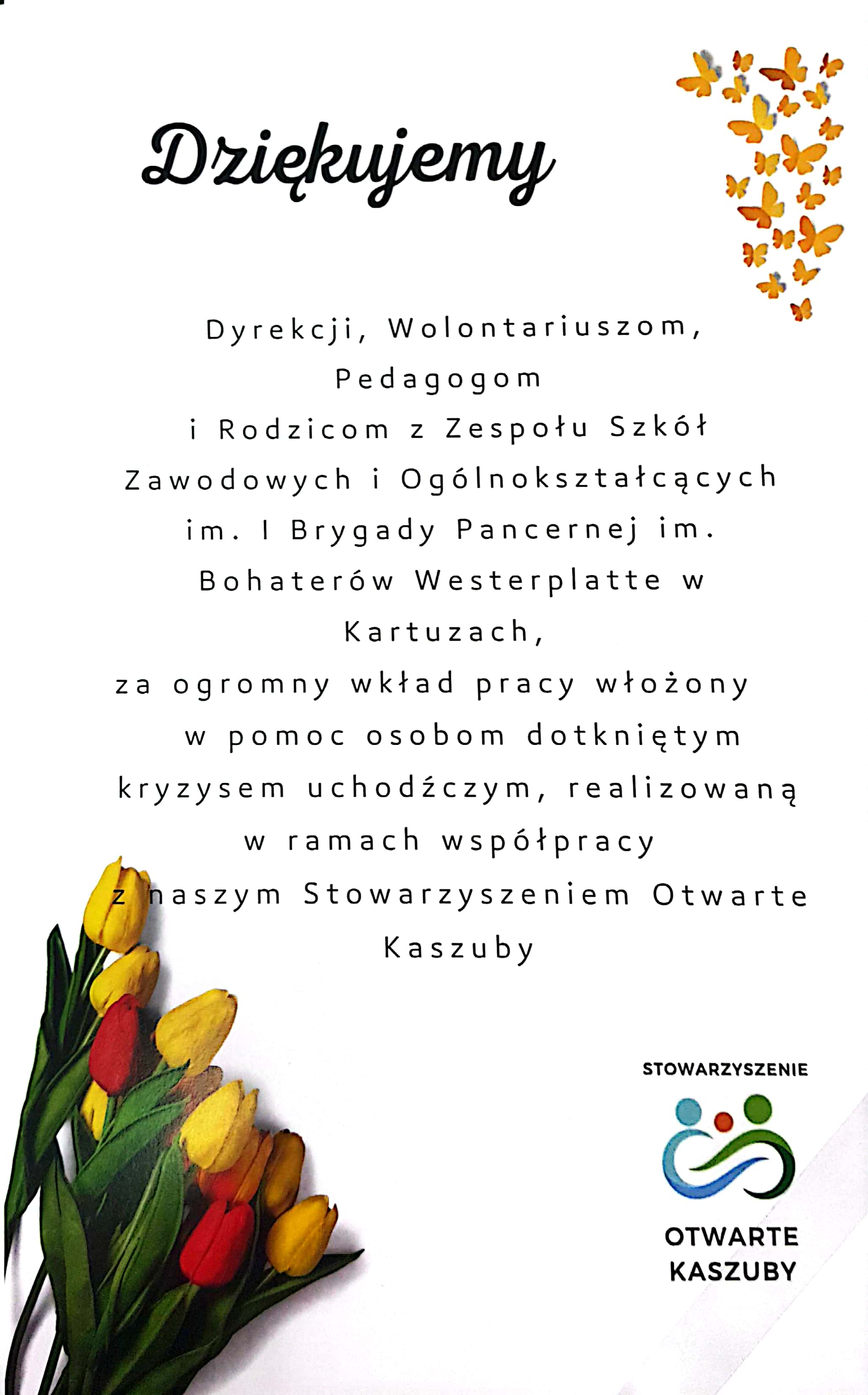 na grafice: podziękowania za pomoc osobom dotkniętym kryzysem uchodźczym od Stowarzyszenia Otwarte Kaszuby